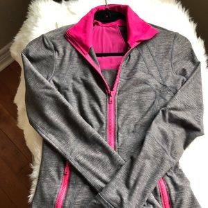 Lululemon Define full zip jacket. Like new. Grey with pink trim.